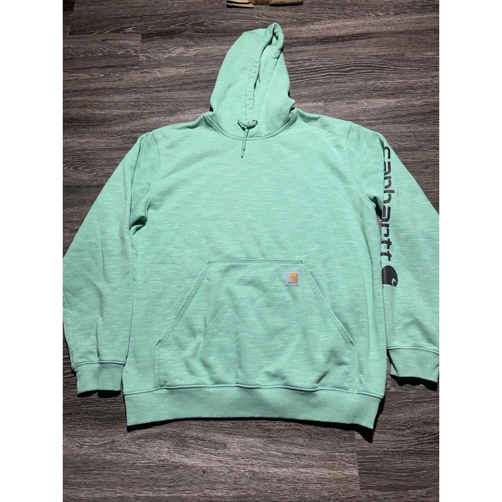 Carhartt Green Pullover Hoodie Mens Large Logo Print Workwear Cotton Blend
